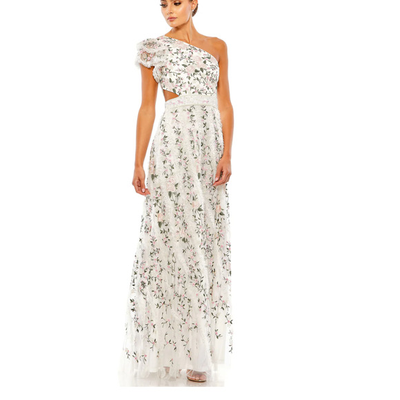 Mac Duggal EMBROIDERED RUFFLED ONE SHOULDER LACE UP GOWN Dress 12